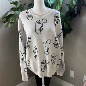 Abstract Face Pattern Sweater - White